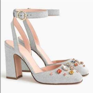 J. Crew Silver Sparkle & Jewel Gemstone Chunky High Heels Size 9.5